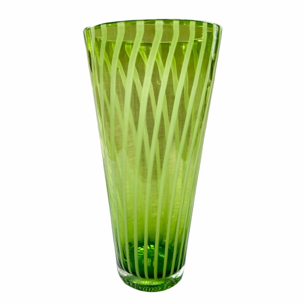 Hand Blown Glass Vase Green Vertical White Stripes Murano-Style MCM Modern Tall